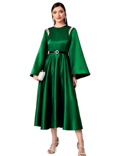 

fringe trim trumpet sleeve cut out back satin dress without belt n509#, Black;gray