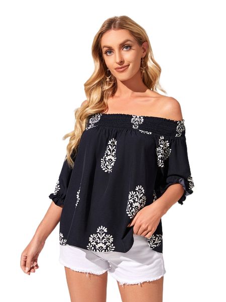 

emery rose floral print off shoulder shirred blouse 90fl#, White