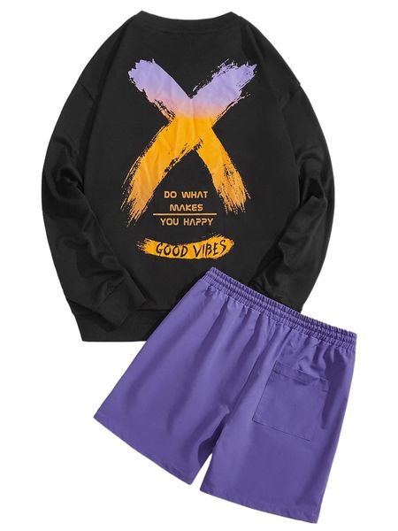 

men slogan graphic sweatshirt & track shorts y7gf#, Gray