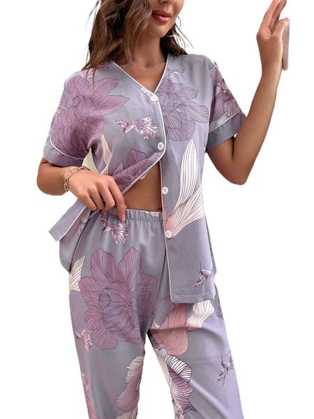 

floral print contrast piping pj set 209f#, Black;red