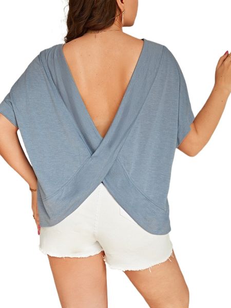 

plus v back batwing sleeve tee x7li#, Black