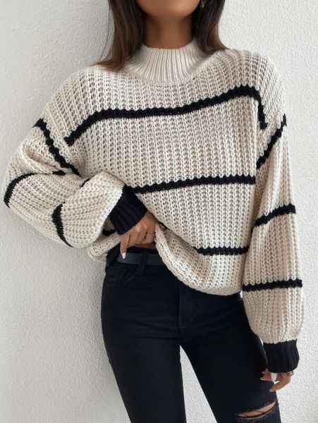 

striped mock neck drop shoulder sweater l8ze#, White;black