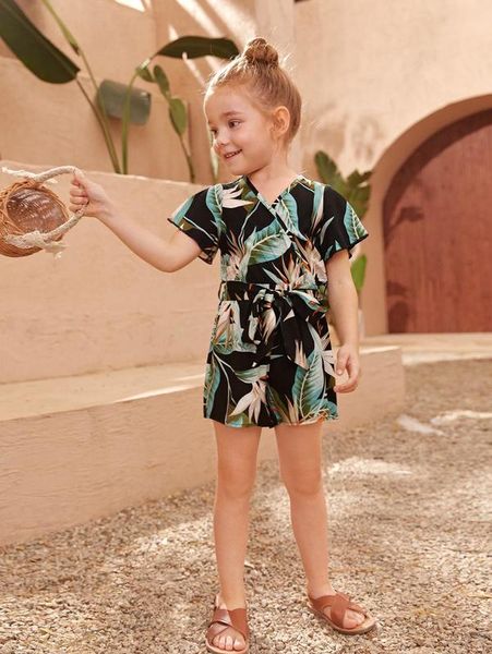 

toddler girls 1pc tropical print butterfly sleeve belted romper she, Blue
