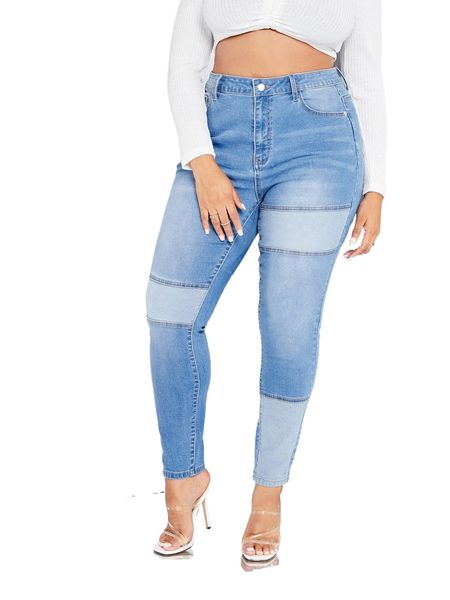 

plus high waist color block skinny jeans z03x#, Blue
