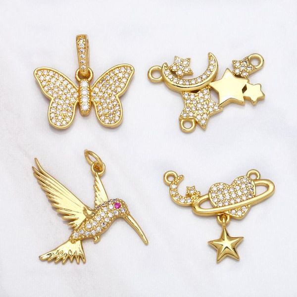 Colares pendentes grandes pingentes de lua de pássaros de borboleta para jóias para jóias que produzem jóias para jóias, suprimentos de artesanato de cobre de cobre de ouro genuíno pdta572pen