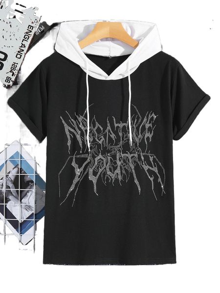 

men rhinestone letter graphic detail hooded tee j5ef#, White;black