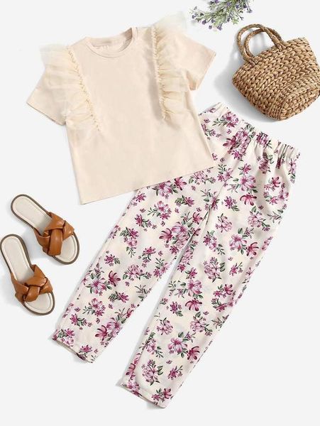 

girls ruffle detail & floral print pants she, White