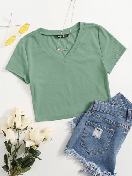 

v-neck crop tee y64j#, White