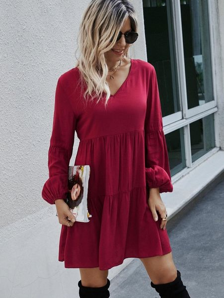 

bishop sleeve ruffle hem smock dress t8po#, Black;gray