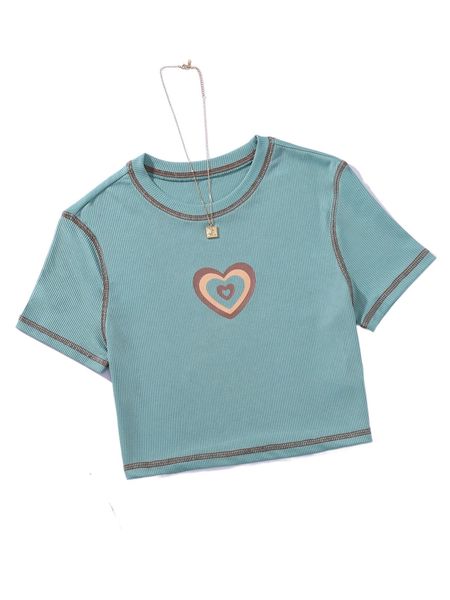 

heart print rib-knit crop tee t79f#, White