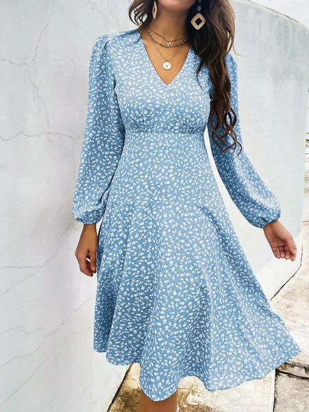 

ditsy floral lantern sleeve a-line dress 78ix#, Black;gray