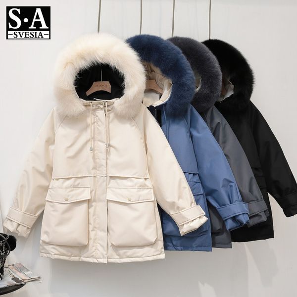 

winter jacket women natural real fur collar hooded white duck downparkas warm loose casual thick coat 201103, Black