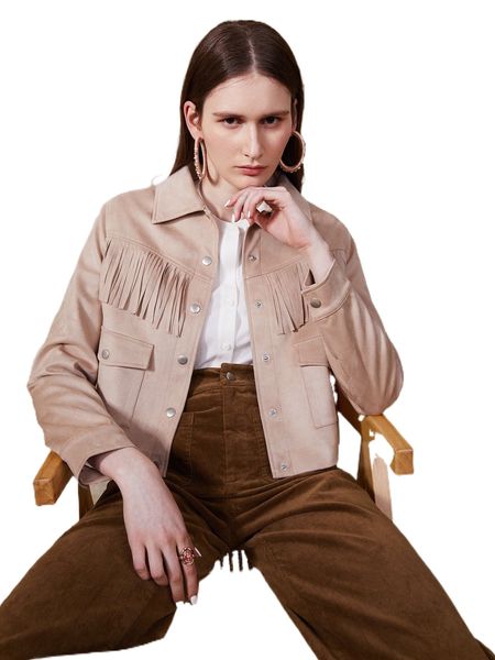 

suede fringe crop jacket 288g#, Black;brown