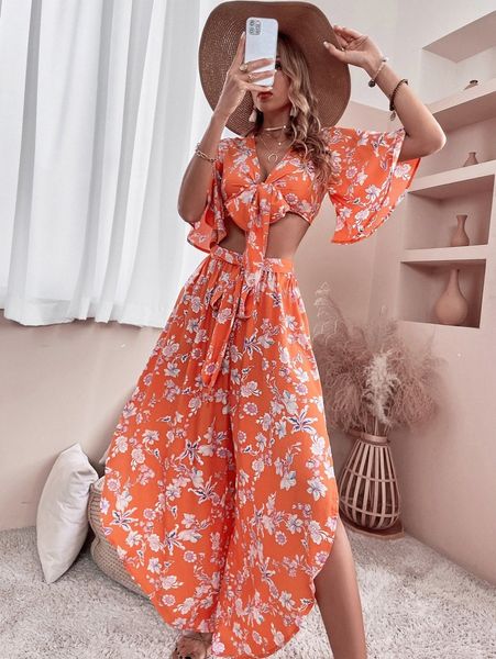 

floral print knot front & split hem wide leg pants y42e#, White