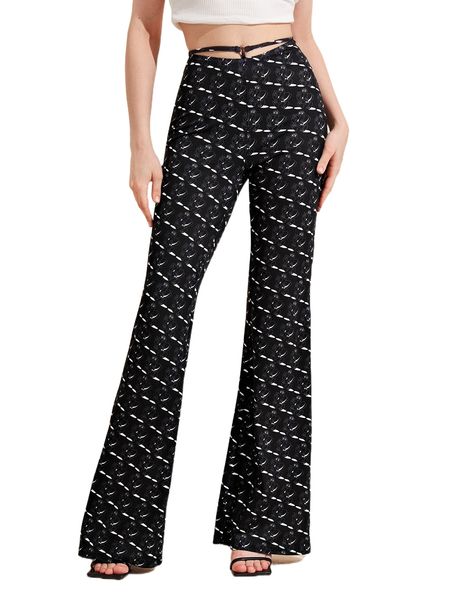 

x antonay cutout waist allover print flare leg pants 63vn#, Black;white
