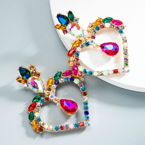 

heart studs drop earrings luxury fashion iced out jewelry long dangles exaggerated crystal rhinestone big statement love party earring for w, Golden;silver