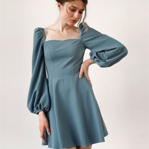 

churses solid casual spring mini dress puff sleeve square neck elegant slim party dress ladies vintage a line women dresses 220426, Black;gray