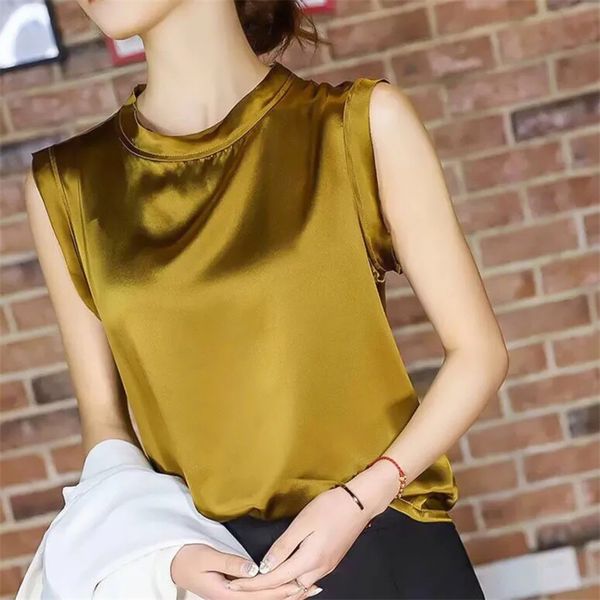 

summer thin tank silk elegant woman plus size vests sleeveless korean fashion clothing loose yellow blue black tube urban 220423, White