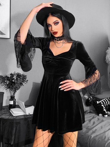 

contrast lace trumpet sleeve twist sweetheart neck velvet dress j1m9#, Black;gray