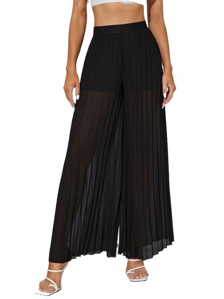 

tall high waist pleated chiffon wide leg pants d4hk#, Black;white