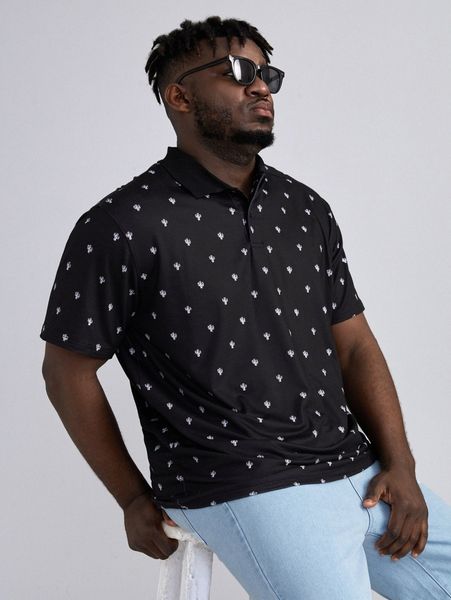 

extended sizes men cactus print polo shirt k0gt#, White;black