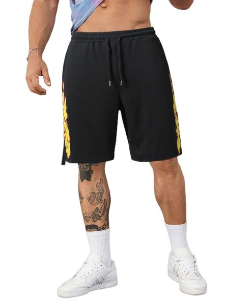 

men fire print drawstring waist shorts a2ja#, White;black