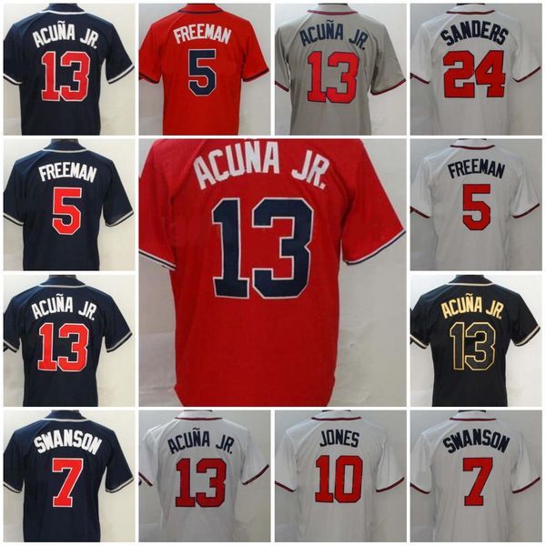 

5 freddie an baseball jersey 13 ronald acuna jr men 7 dansby swanson 24 deion sanders 10 chipper jones flexbase cool base uniforms, Blue;black