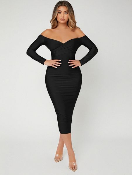 

solid off shoulder bodycon dress d993#, Black;gray