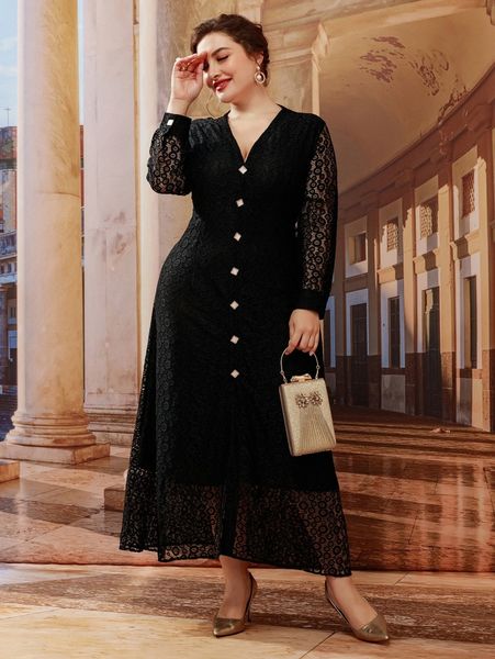 

plus single breasted lace dress q3g6#, Black