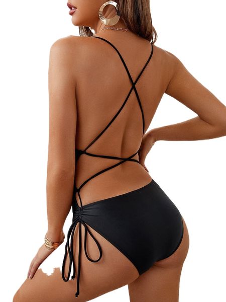 

contrast mesh plunging one piece swimsuit k3mt#, White;black