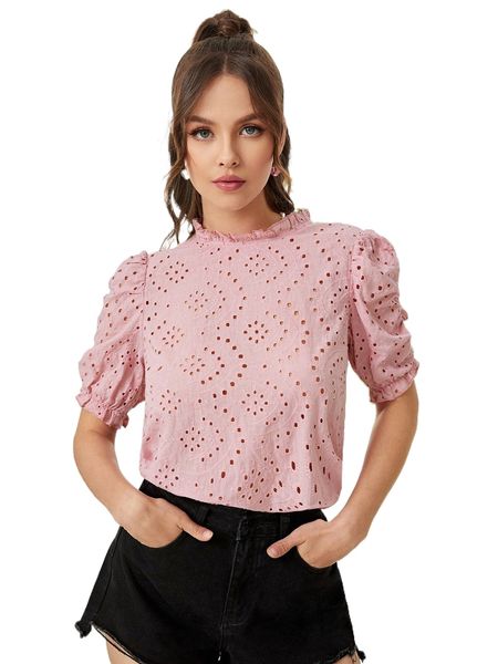 

frilled neck puff sleeve schiffy m6sx#, White