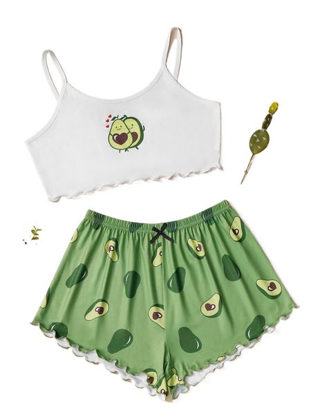 

cartoon fruits graphic lettuce trim pajama set v0l2#, Black;red