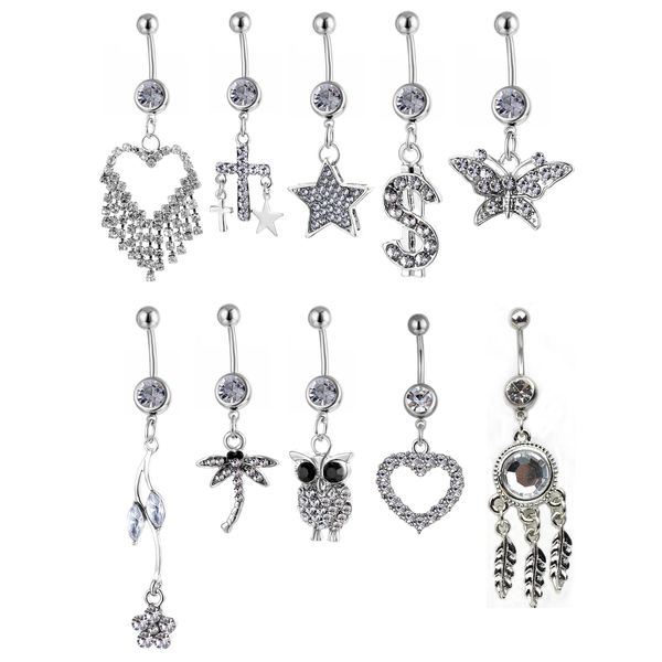 

cl10-001 belly navel button ring mix 10 styles aqua.colors 10 pcs dream owl heart dragonfly, Silver