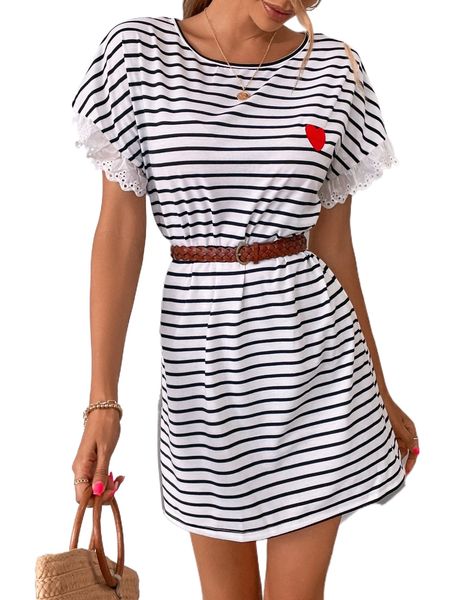 

striped print heart embroidery tee dress without belt a4jy#, Black;gray