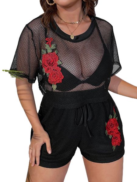 

plus appliques sheer mesh tee & drawstring waist shorts without bra 44e5#, Black
