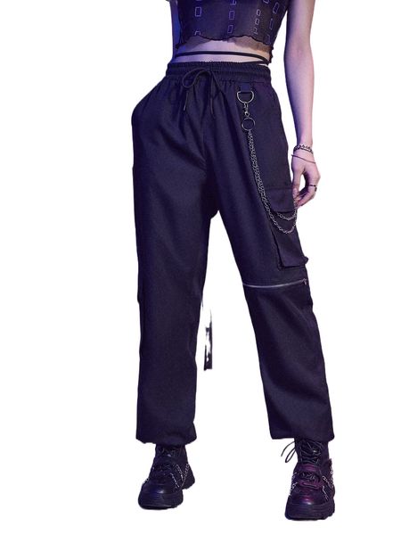 

romwe cyber luvr solid chain decor drawstring cargo pants c23e#, Black;white