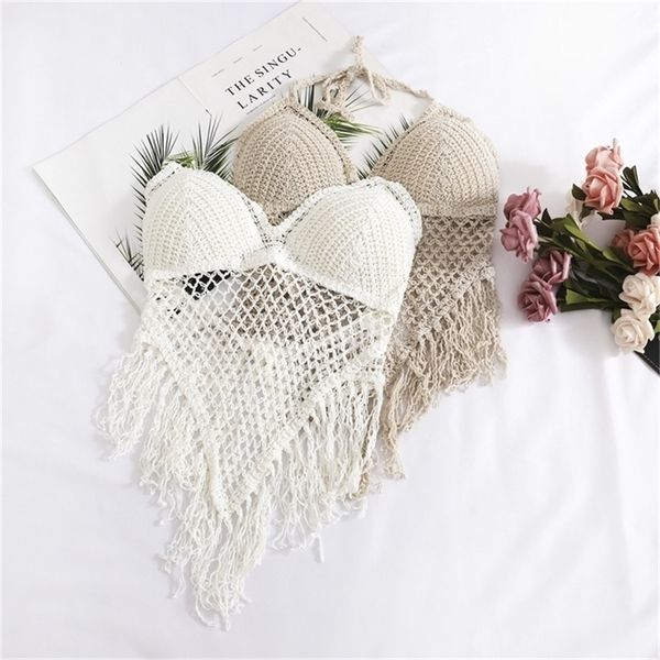 

summer holiday beach camis lady tassels crochet camisole women tassels bikini camis female crochet halter bikini 210316, Black;white