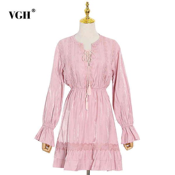 

pink dress for women v neck flare long sleeve high waist patchwork lace up designer ruched mini dresses female clothing 210507, Black;gray