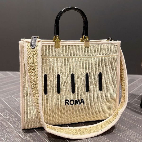 

summer woven tote shopping bag lafite grass crossbody bags removable shoulder strap gold hardware embroidered letters beach large capacity p