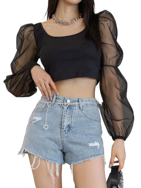 

dazy contrast mesh lantern sleeve crop 73sd#, White