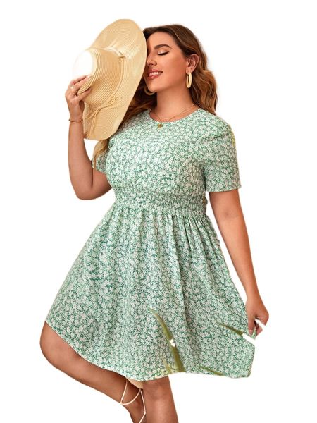 

plus ditsy floral keyhole back shirred waist dress i81a#, Black