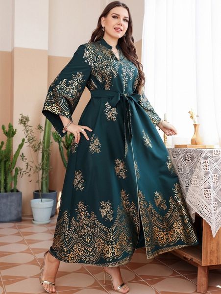 

plus random floral and paisley print belted dress a76a#, Black