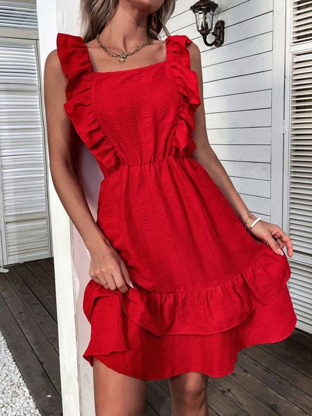 

ruffle trim layered hem dress q00i#, Black;gray