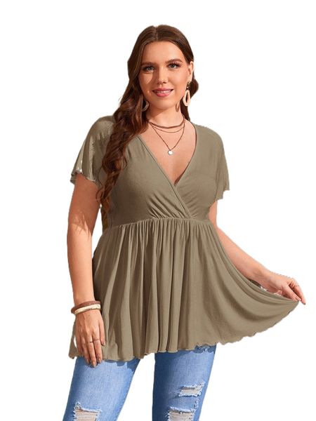 

plus lettuce trim v neck tee k2mm#, Black