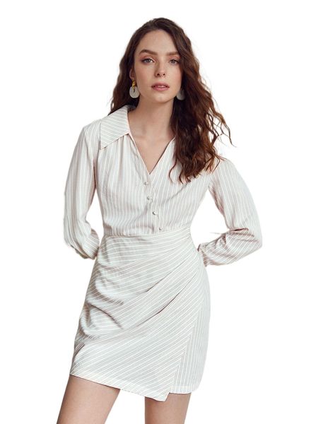 

striped button front wrap hem shirt dress 774n#, Black;gray