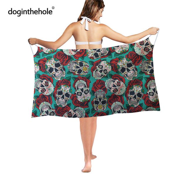 Doginthehole Bikini Cover Up für Frauen Gothic Rose Skull Print Bademode Sarong Kleid Teen Mädchen Sexy Bluse Wrap Pareo Veatidos 220705