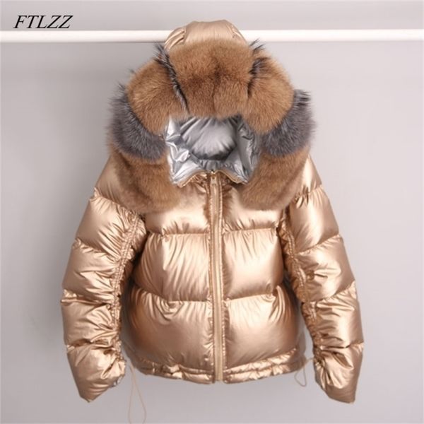 

winter women white duck jacket big aritificial fur outwear loose coat thick warm waterproof down parka y201026, Black