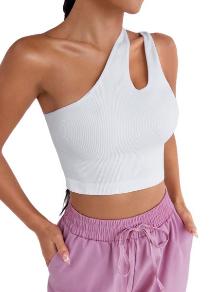 

rib-knit one shoulder cut out crop sports s4cs#, Gray