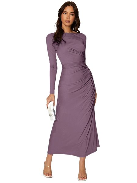 

solid ruched side dress 33jf#, Black;gray