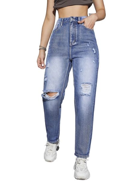 

medium washed high waist ripped jeans c5jl#, Blue